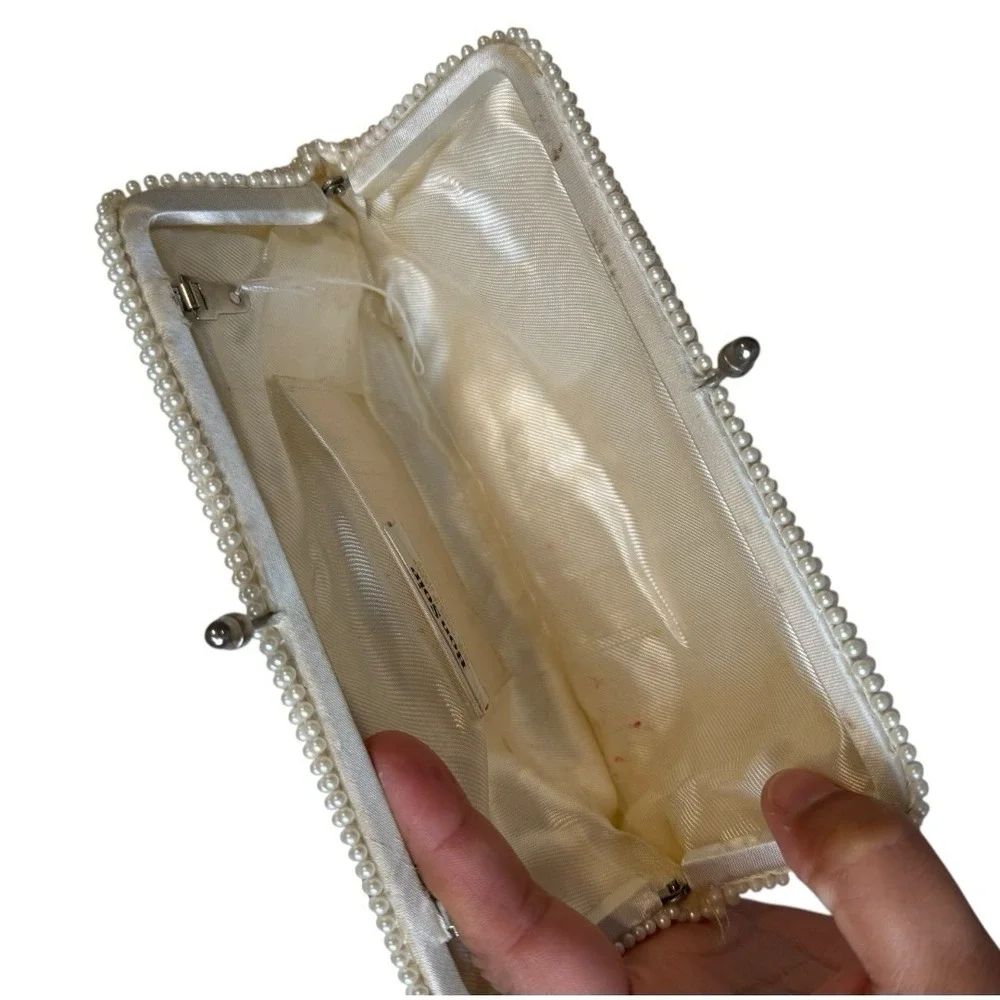 Vintage 1960 Bon Soir‎ Italian Pearl Cream Clutch Purse Beads Silk Wedding B72Q